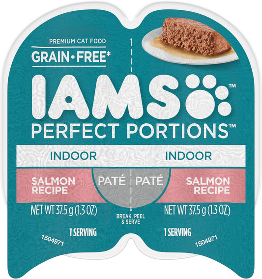 IAMS Perfect Portions Indoor Adult Grain Free Wet Cat Food Paté, Salmon Recipe, 2.6 oz. Easy Peel Twin-Pack Trays (24 Count, 48 Servings)