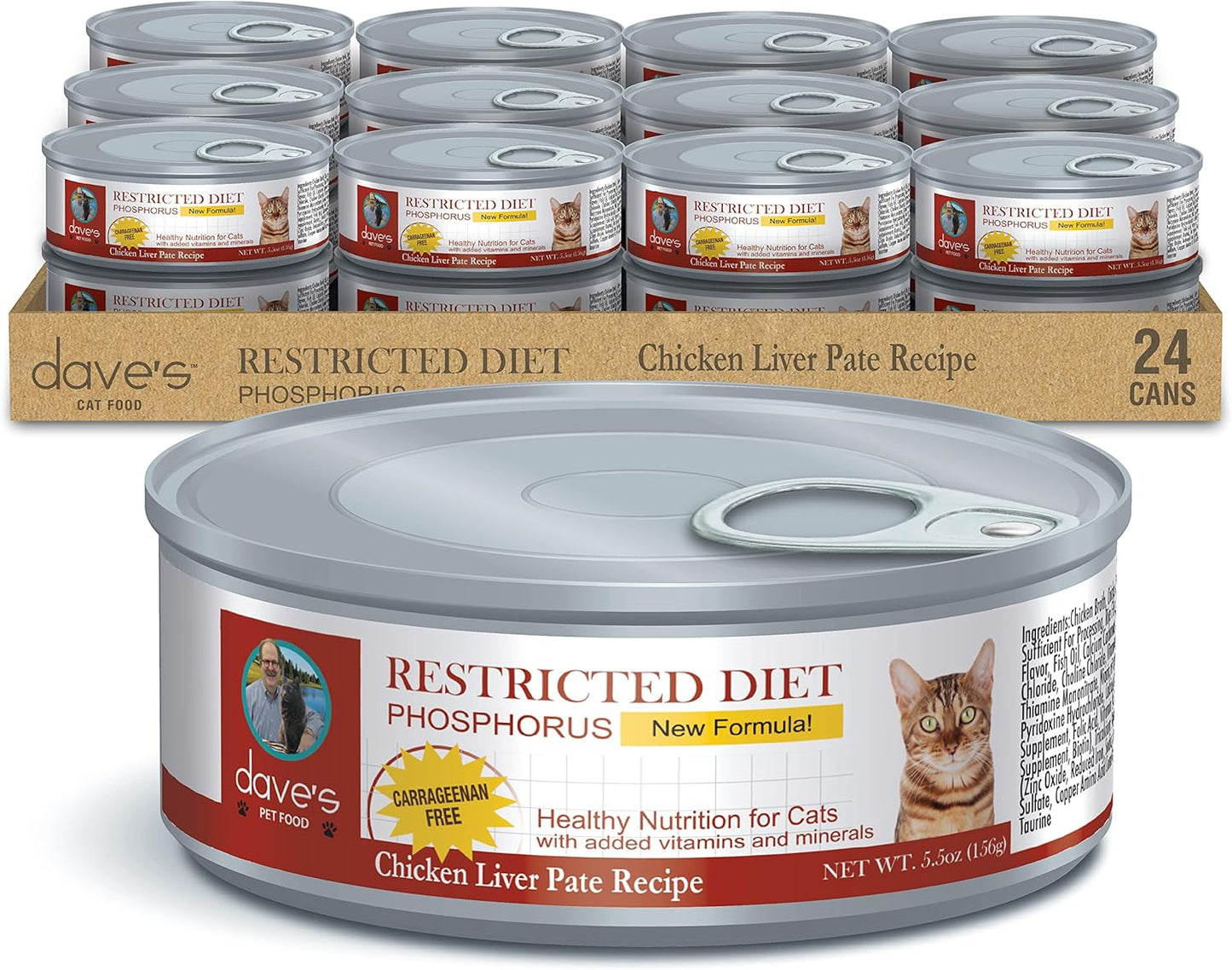 Dave's Pet Food Kidney Support Wet Canned Cat Food for Renal Health (Chicken Liver & Chicken Pate), Non-Prescription Low Phosphorus Restricted Diet (5.5 oz, Case of 24)