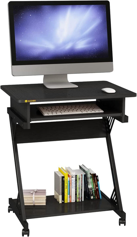 ALISENED 2 Tier Computer Desk with Keyboard Tray, 23.6" Home Office Desk Computer Workstation Rolling Study PC Laptop Table for Small Spaces,Z-Shaped Small Compact Study Table