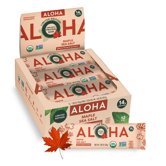 Aloha Protein Bars, Organic Plant-Based, 14g Protein, Vegan, Gluten-Free, Maple Sea Salt, 12 Pack