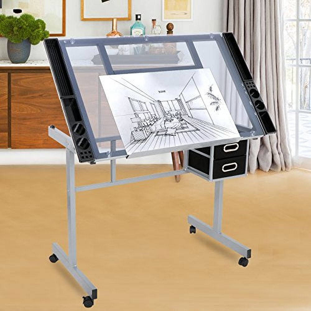 Adjustable Drafting Table Glass Top Drawing Desk Craft Station Art Foldable Table Writing Desk Studio Desk W/ 2 Slide Drawers & Rolling Wheels, tilts to 62.5 Degrees