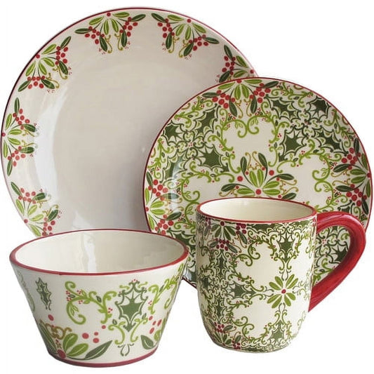 American Atelier, Round, Bargello Cream with Green Dolomite Dinnerware Set, 16-Piece