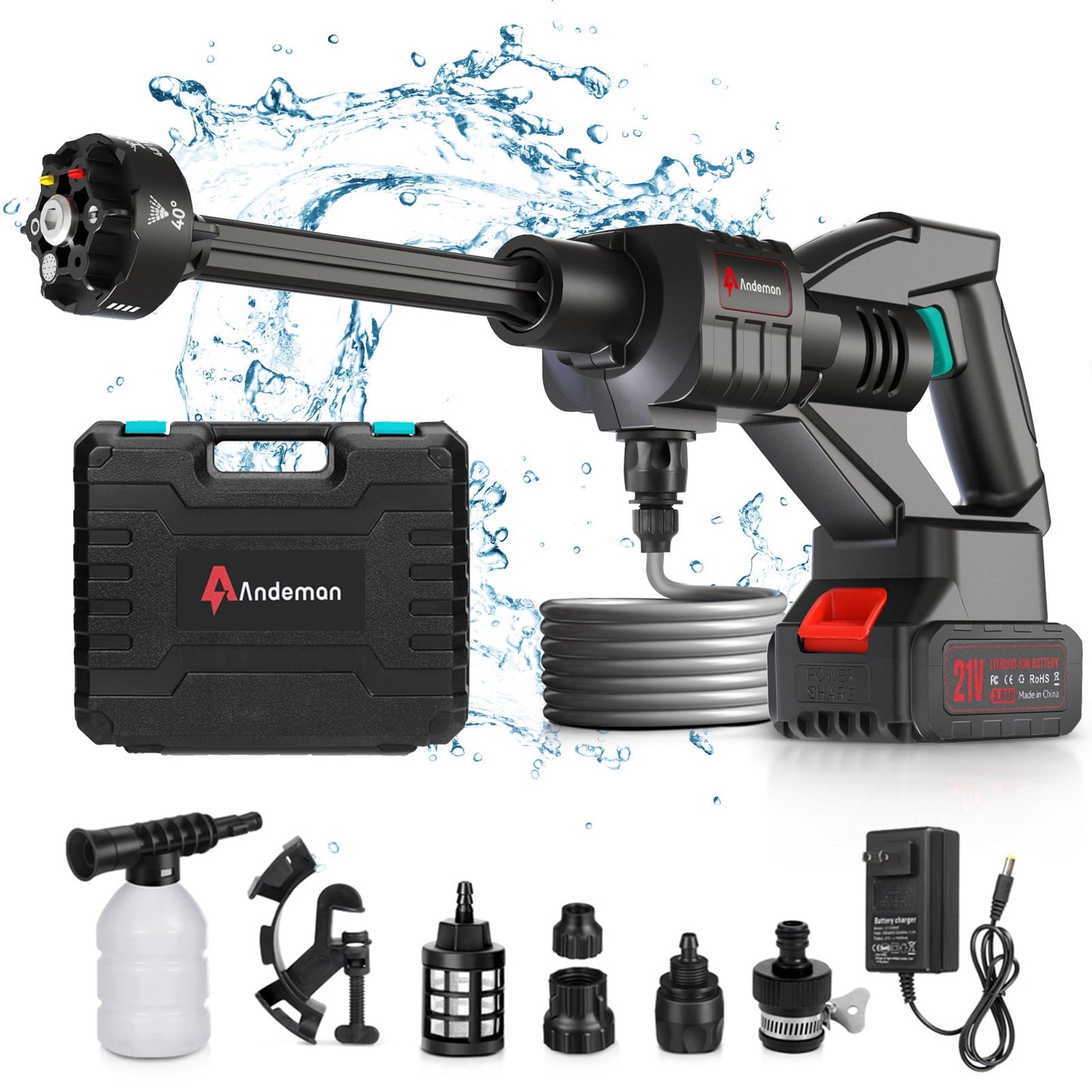 Andeman (Audew) 600PSI 1.5 GPM Cordless Pressure Washer, Portable Car Washer Gun with 6-in-1 Nozzle, 3.0Ah Rechargeable Battery, 16.4FT Hose for Patio/Floor/Car Cleaning and Watering