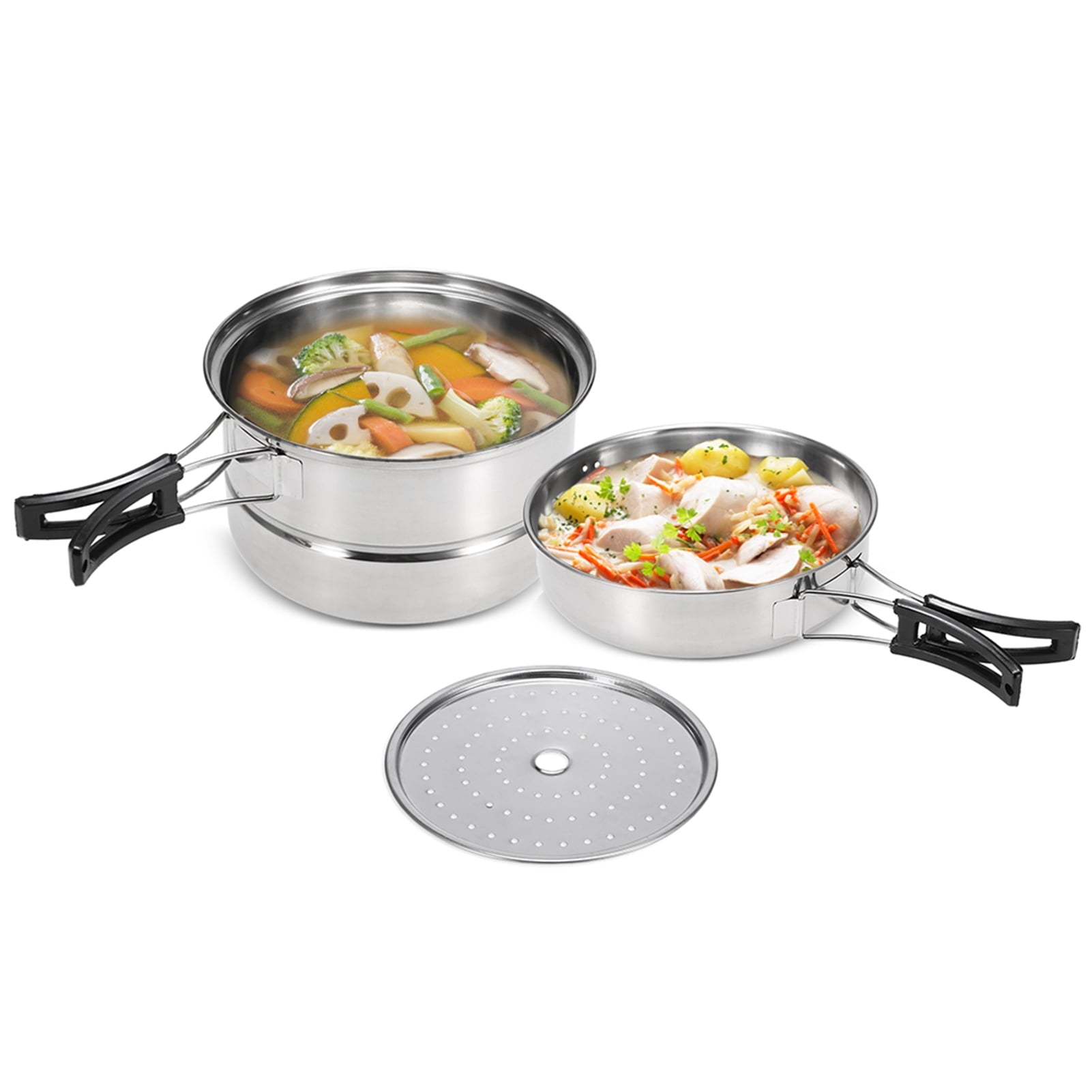 Arealer 3Pcs Camping Cookware Set Stainless Steel Pot Frying Pan Steaming Rack Home Kitchen Cooking Set