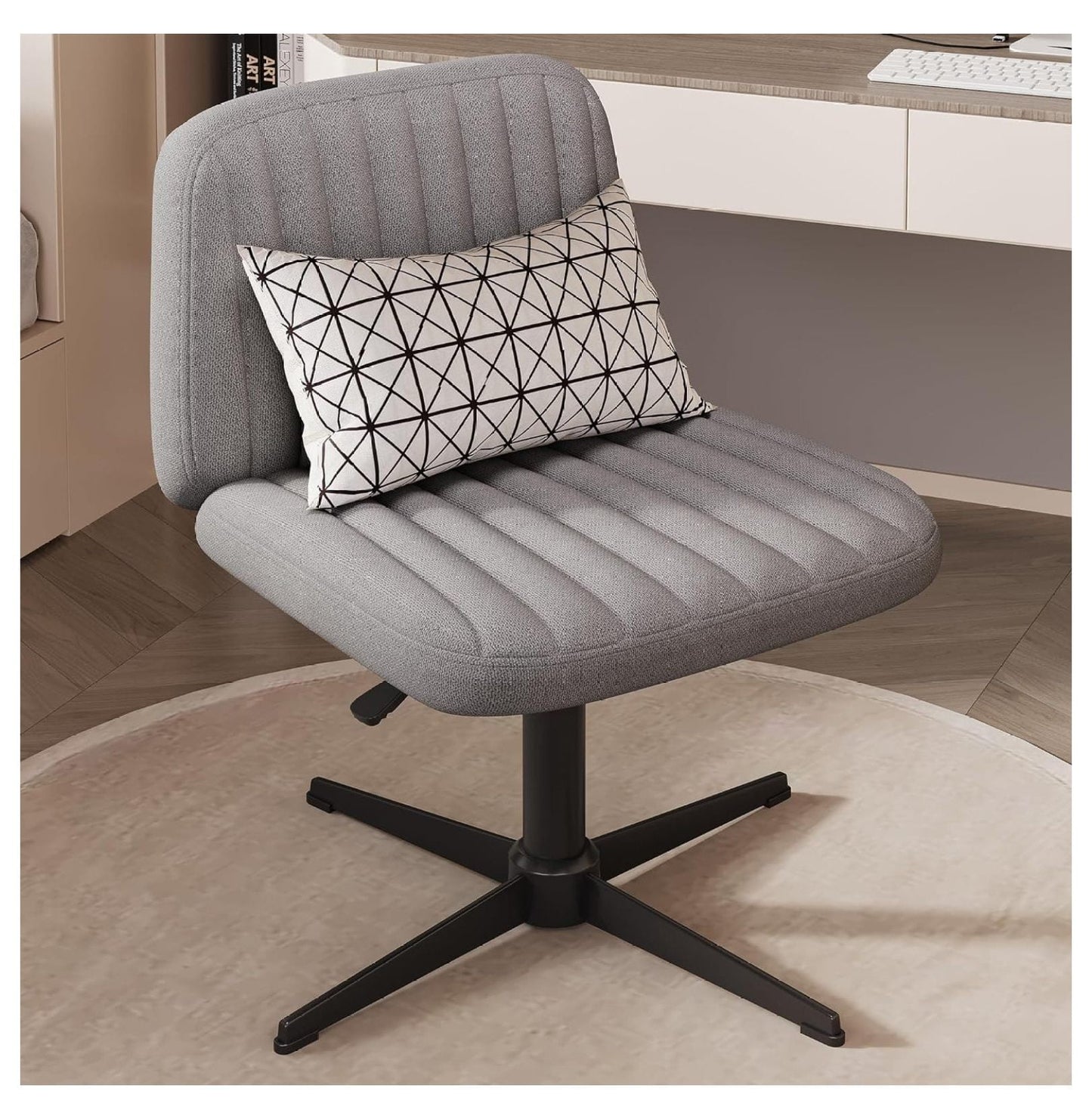 Armless Criss Cross Chair,Cross Legged Office Chair with Pillow Home Office Desk Chair No Wheels Computer Chair Vanity Chair for Makeup Room, Living Room Chairs (Grey+Black Base)