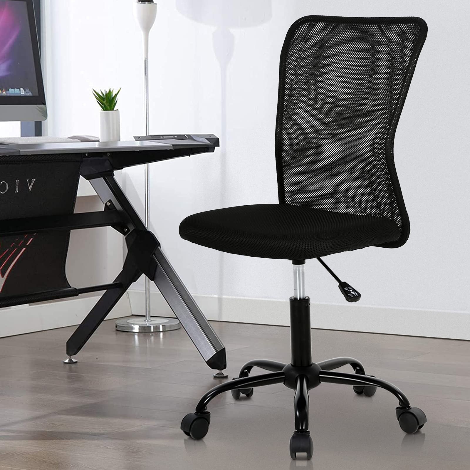 Armless Office Chair  Cheap Desk Chair with Wheels Mid Back Task Chairs Adjustable Small Mesh Computer Chair for Home Office, Black