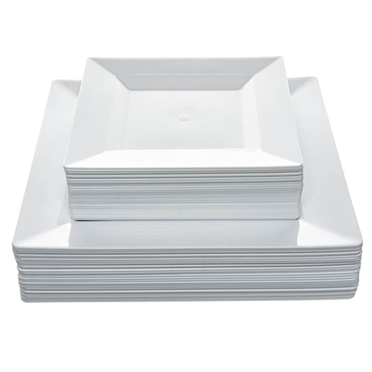 Aya's 60ct White Plastic Plates Disposable -Heavy Duty Square Disposable Plastic Plates for Party (30 Dinner Plates/30 Salad Plates) Premium Fancy Plastic Plates for Party Weddings Hard Plastic Plates