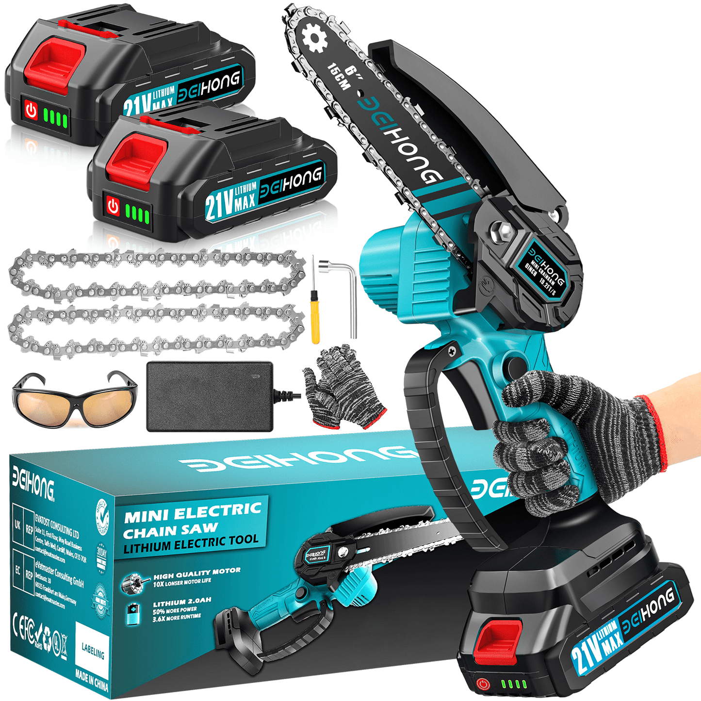 BEI&HONG Mini Chainsaw 6 In. with 2 Batteries, Security Lock, for Wood Cutting Tree Trimming