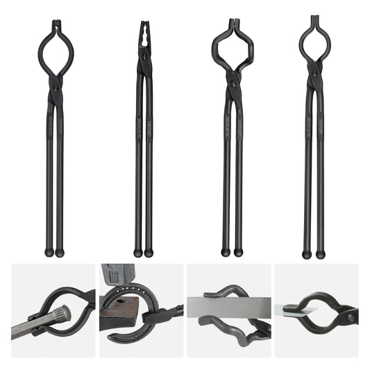 BENTISM Blacksmith Tongs, 18” 4 PCS, V-Bit Bolt Tongs, Wolf Jaw Tongs, Z V-Bit Tongs and Gripping Tongs, Carbon Steel Forge Tongs with A3 Steel Rivets, for Beginner and Seasoned Blacksmiths