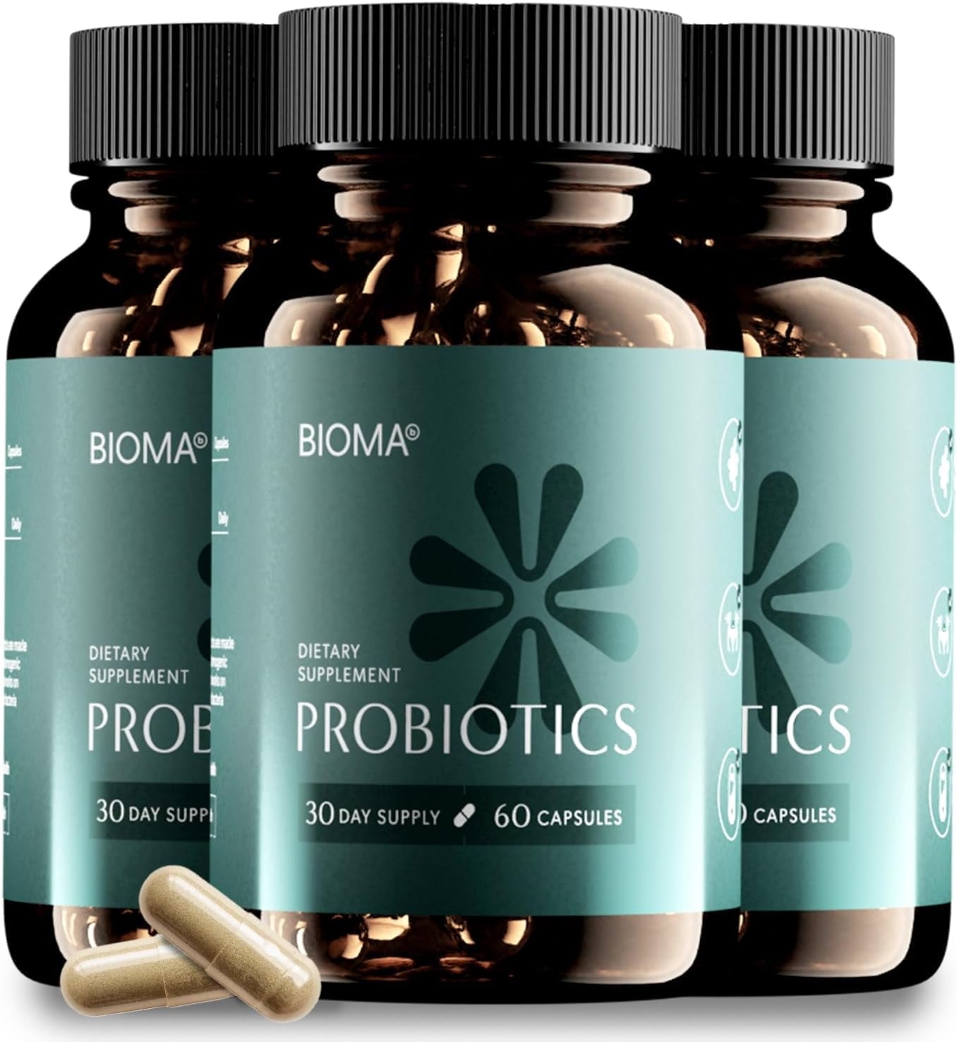 BIOMA Probiotics for Digestive Health, 3 in 1 Gut Health Probiotics and Prebiotics/Postbiotics, Slow Release Synbiotic Probiotic Capsules for Complete Gut Harmony Probiotic Multi Enzyme (180 Caps)