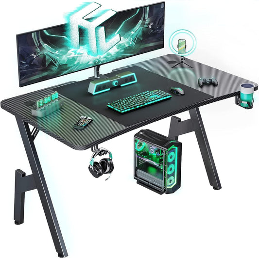 BIZFURN 47 Inch Gaming Desk with Carbon Fibre Surface Large Computer Desk Gaming Table Ergonomic Pc Gaming Workstation Home Office Desks with Cup Holder & Headphone Hook