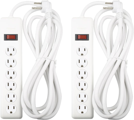 BN-LINK 6-Outlet Power Strip Surge Protector 2-Pack, 10-Foot Extension Cord, 600 Joules, Twist-to-Close Safety Covers, Flat Plug, Overload Protection, White