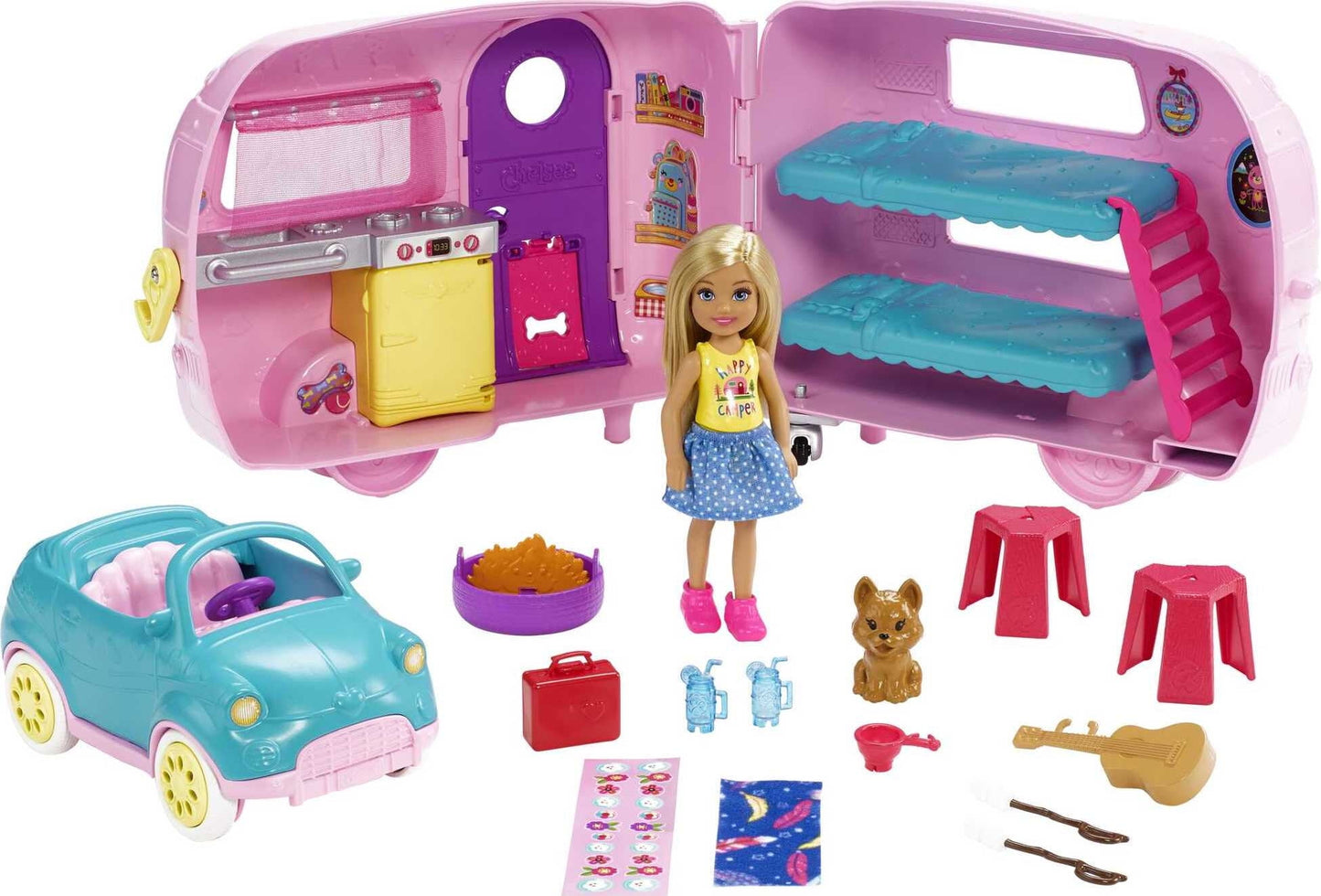 Barbie Club Chelsea Pink Camper Playset, Blonde Small Doll, Pet, Car & 10+ Accessories, Toy for 3 Years and Up