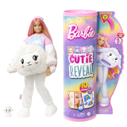 Barbie Cutie Reveal Cozy Cute Tees Doll & Accessories, Lamb in “Dream” T-shirt, Pink-Streaked Blond Hair & Blue Eyes