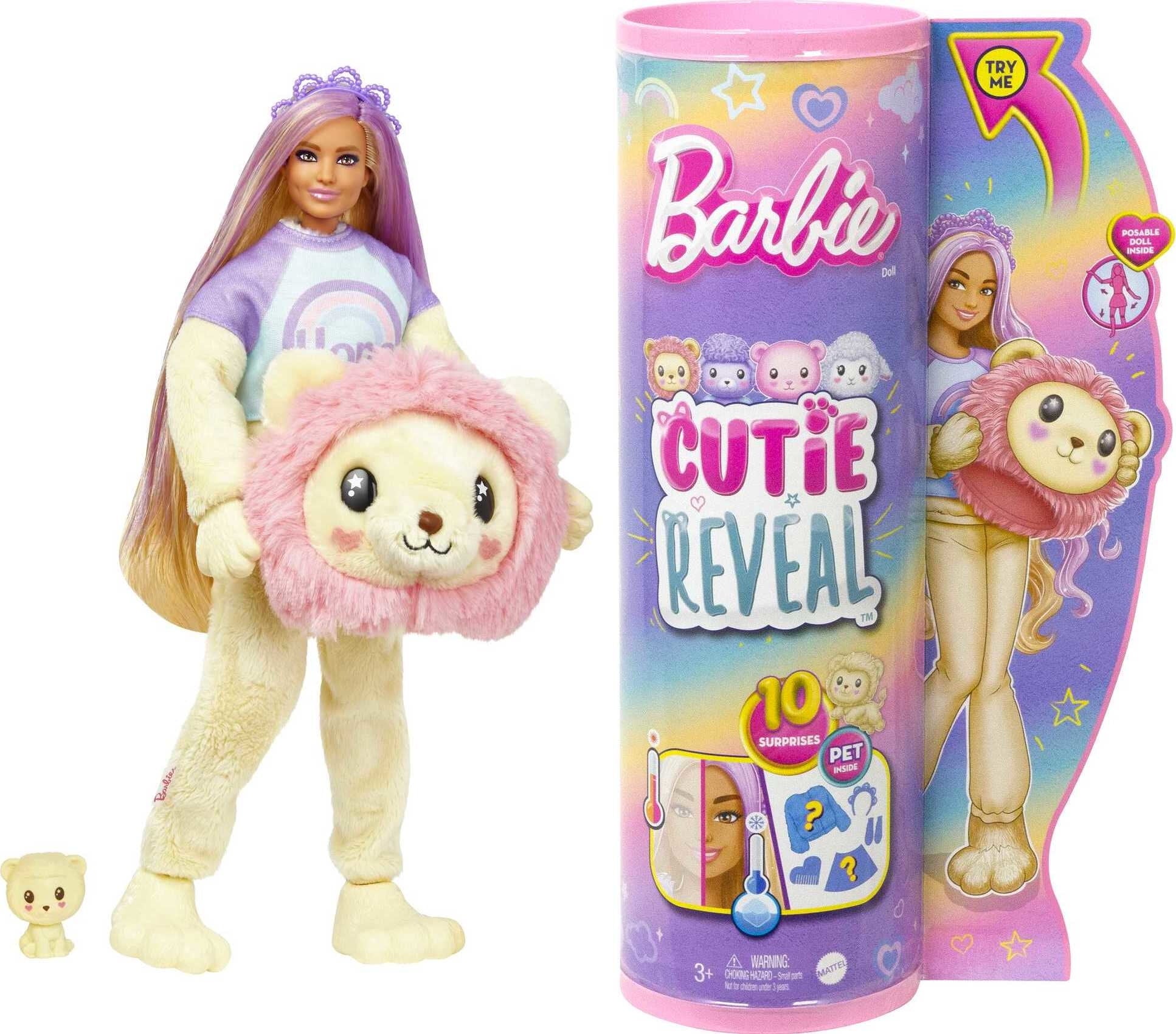 Barbie Cutie Reveal Doll & Accessories, Cozy Cute Tees Lion, “Hope” Tee, Purple-Streaked Blonde Hair, Brown Eyes