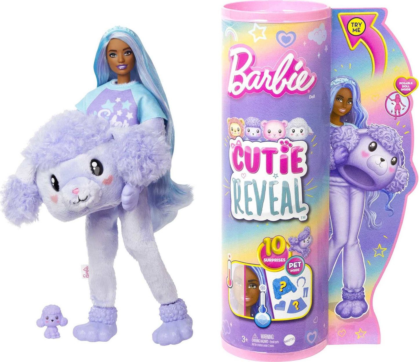 Barbie Cutie Reveal Doll & Accessories, Cozy Cute Tees Poodle, “Star” Tee, Blue & Purple Streaked Hair, Brown Eyes