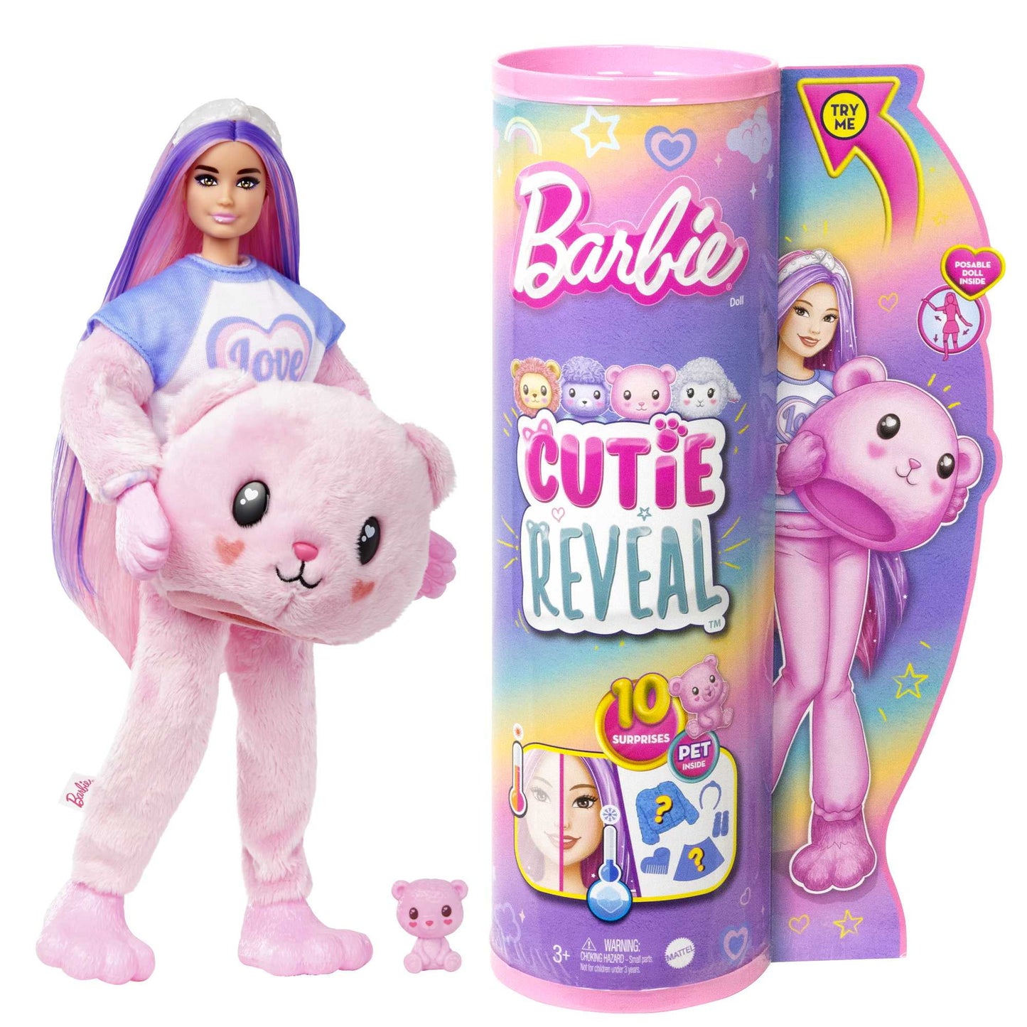 Barbie Cutie Reveal Doll & Accessories, Cozy Cute Tees Teddy Bear in “Love” T-shirt, Purple-Streaked Pink Hair & Brown Eyes