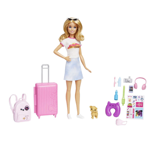 Barbie Doll and Accessories, 'Malibu' Travel Set with Puppy and 10+ Pieces, 11 in