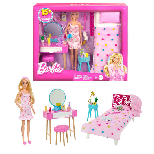 Barbie Doll and Bedroom Playset, Barbie Furniture with 20+ Pieces, Multicolor