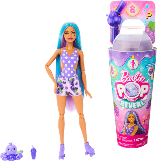 Barbie Pop Reveal Fruit Series Grape Fizz Doll, 8 Surprises Include Pet, Slime, Scent & Color Change