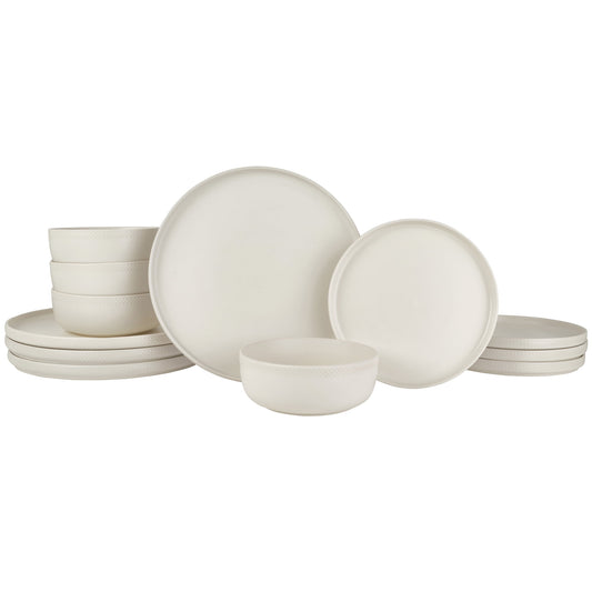 Beautiful Modern Dots Stoneware Dinnerware 12 Piece Set  Oyster White by Drew Barrymore