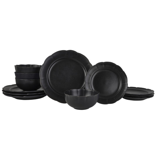 Beautiful Scallop Stoneware Dinnerware 12 Piece Set Black by Drew Barrymore