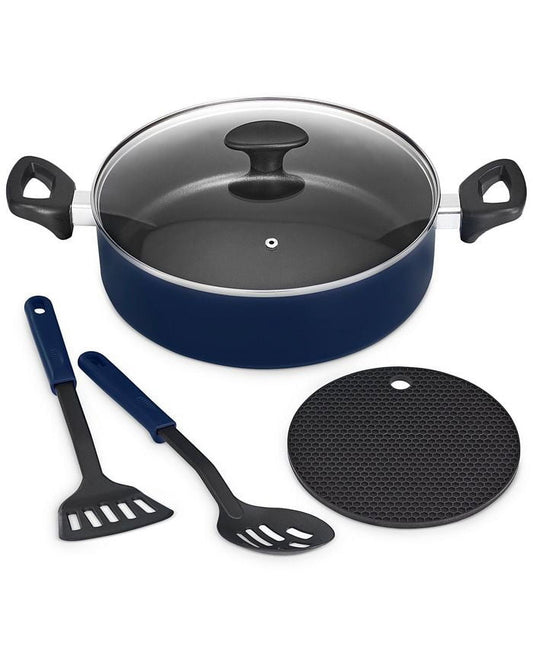 Bella 5 Piece Pan Set Nonstick Cookware for Everyday Cooking Pan with Lid, Navy Blue