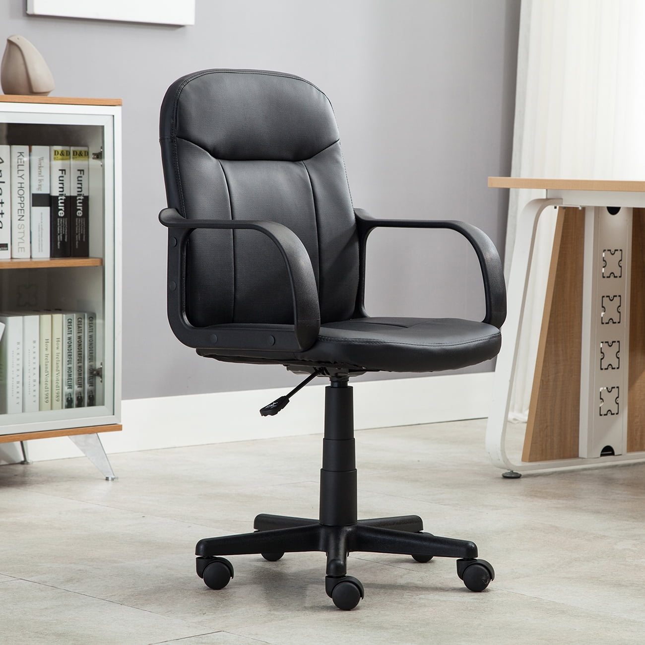 Belleze Mid-Back Office Chair PU Leather Ergonomic Desk, Black