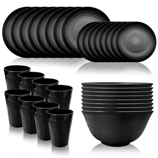 Bestdin Black Dinnerware Set for 8, 32 Pack Plastic BPA-Free Dinner Plates, Salad Plates, Cereal Bowls, Cups, Unbreakable Plates and Bowls Sets, Microwave and Dishwasher Safe