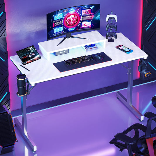 Bestier 42 inch LED Gaming Desk with Monitor Stand PC Computer Gamer Home Office Table in White