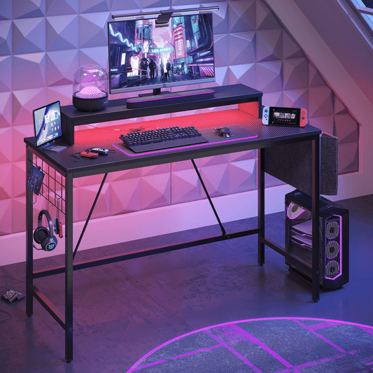 Bestier 41.7 inch Gaming Desk with LED Monitor Stand, Storage Pocket, Grid Side Frame, for Gaming Room and Home Office, Carbon Fiber Patten