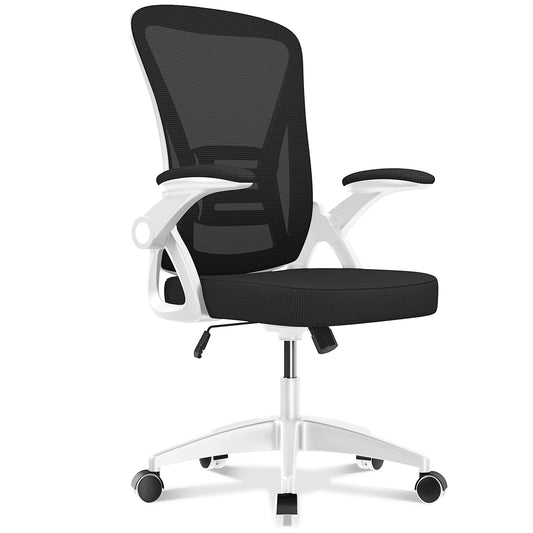 Bigzzia Ergonomic Computer Chair with Lumbar Support and Flip-up Arms and Adjustable Height, Mid-Back Mesh Desk Chair Adjustable with 360°-Swivel Seat and Wheels,White