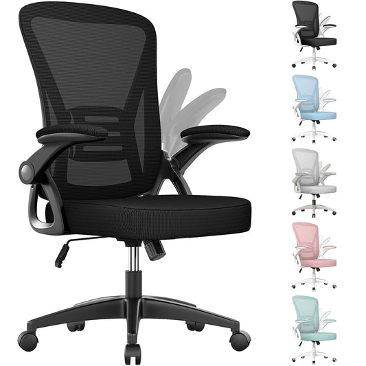 Bigzzia Ergonomic Office Chair, Mid-Back, Adjustable Height, Flip-Up Arms and Lumbar Support, Black