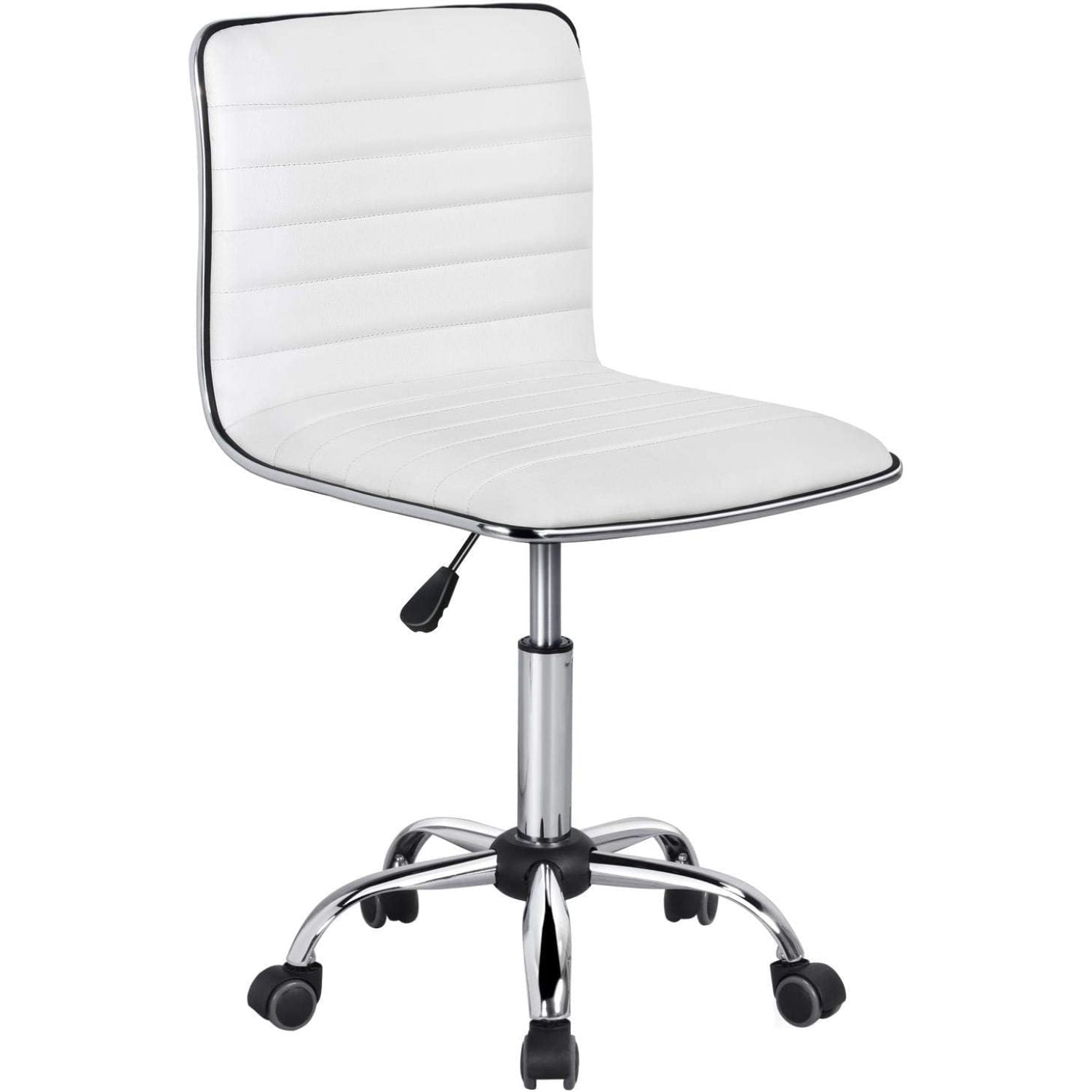 Bilot Adjustable Task Chair PU Leather Low Back Ribbed Armless Swivel White Desk Chair Office Chair Wheels