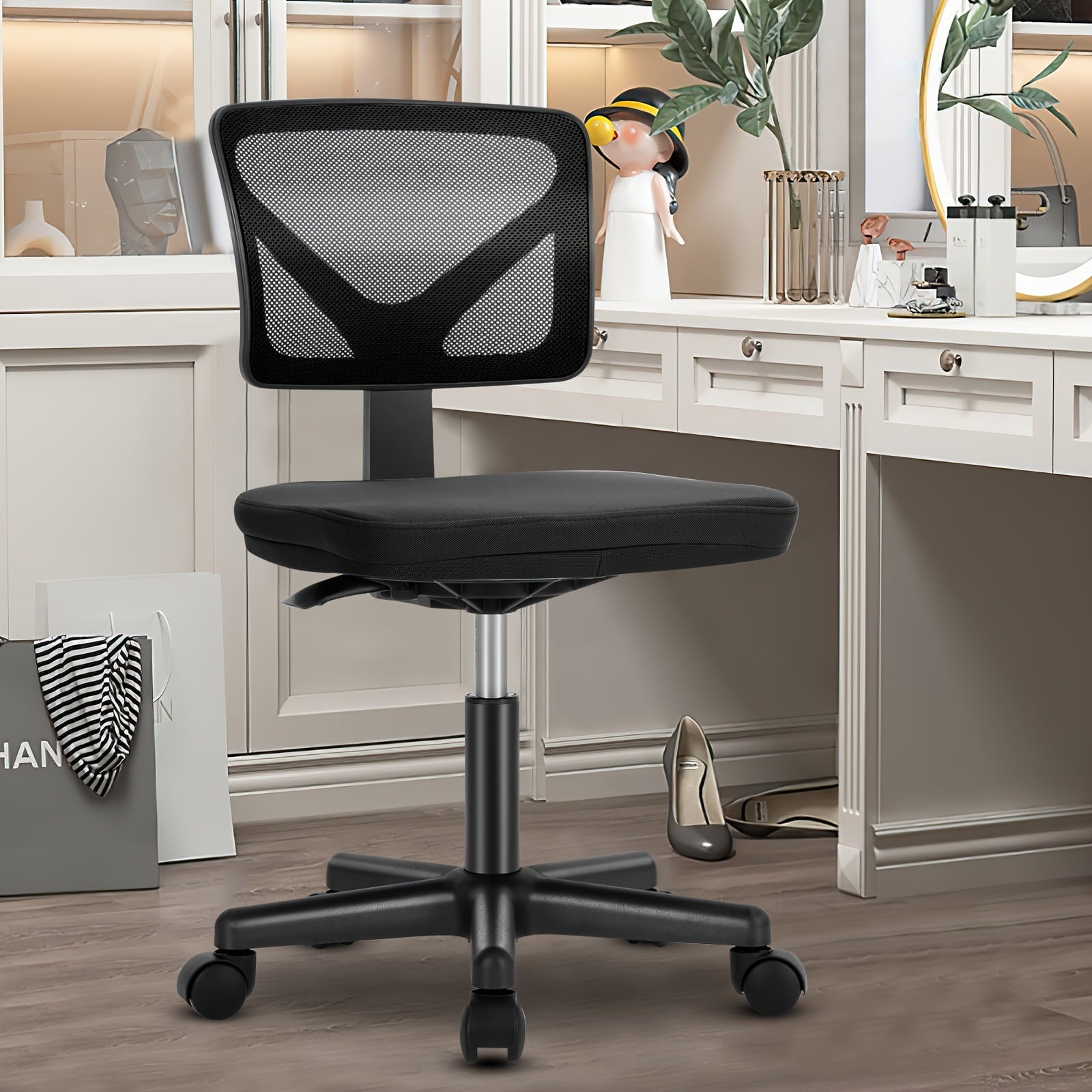 Black-Ergonomic Low Back Computer Chair Without Arms, Adjustable Rolling Mesh Task Swivel Chairs With Wheels For Work, Vanity, Home And Study, Ideal For Small Spaces And Bedrooms