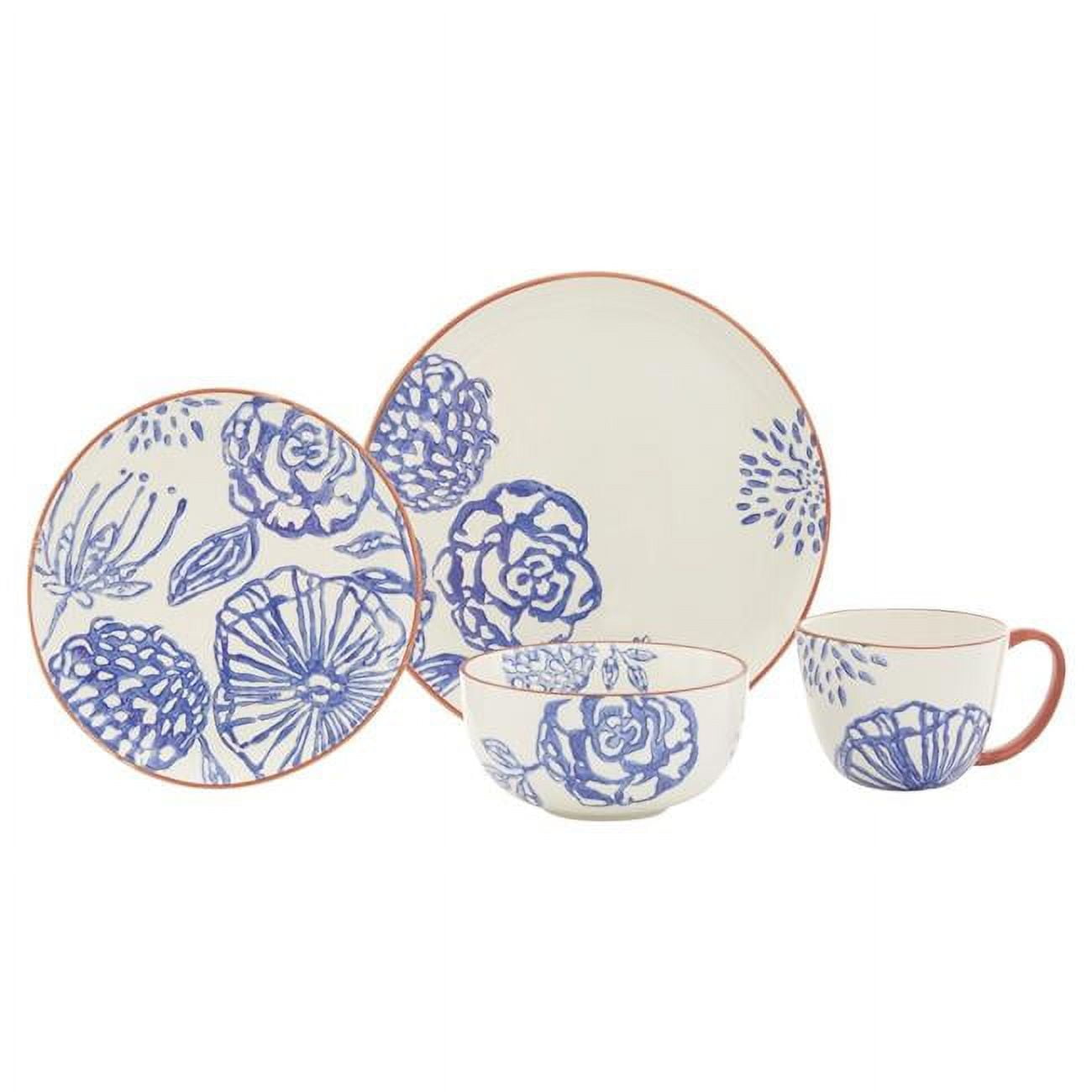 HomeRoots  Round Floral Ceramic Service for Four Dinnerware Set, Blue & White - 16 Piece