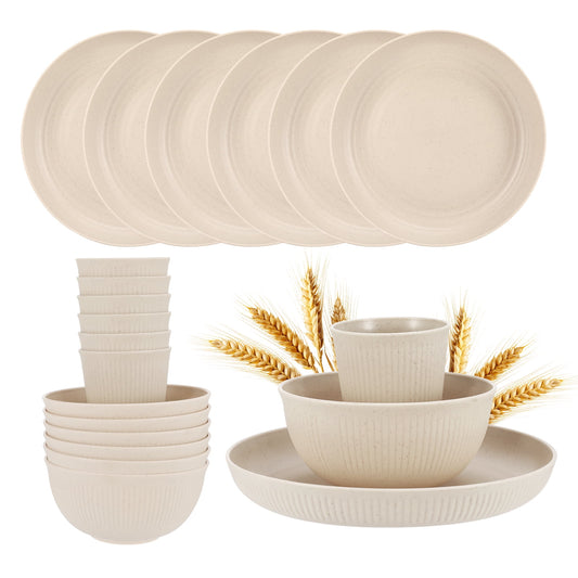 Bocaoying 18 Pcs Wheat Straw Dinnerware Sets, Unbreakable Dinnerware Sets Kitchen Cups Plates and Bowls Sets Plates Set Reusable Microwave Dishwasher Safe(White)