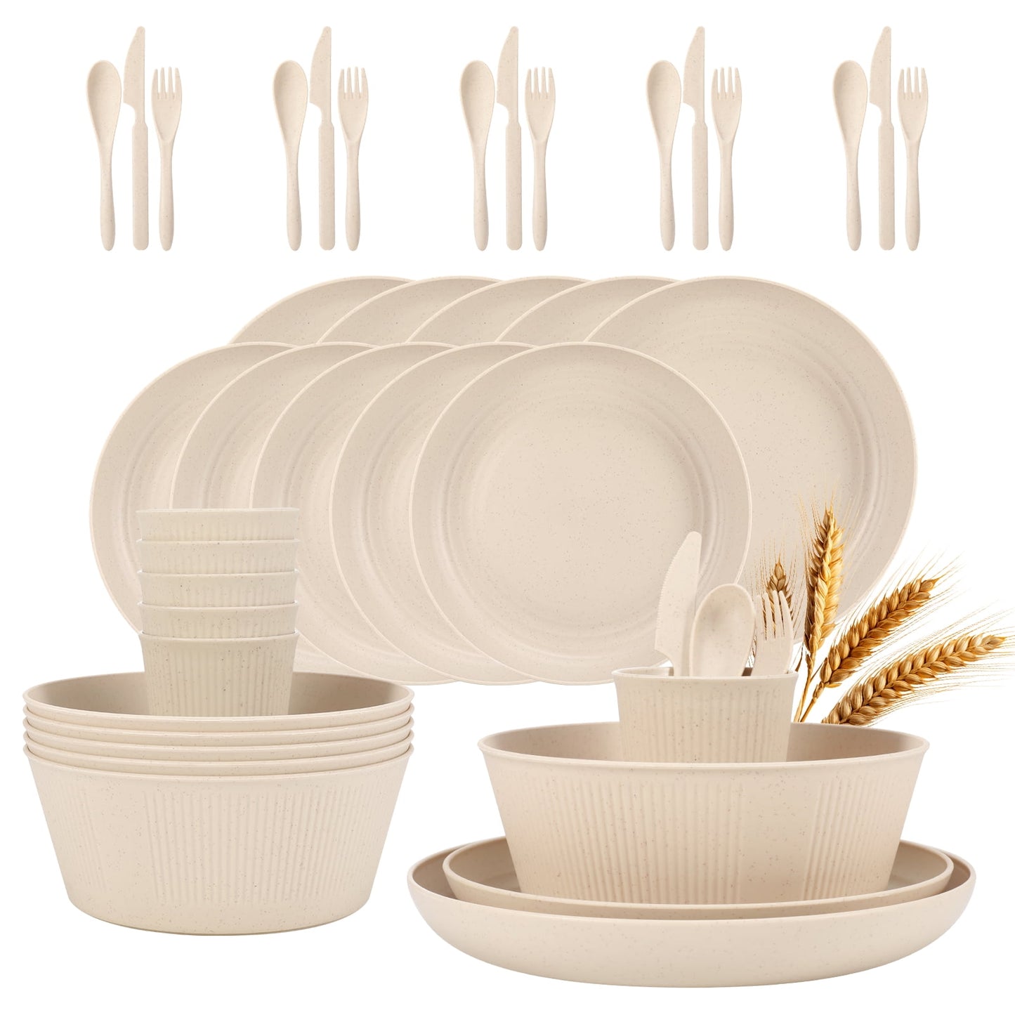 Bocaoying 35 Pieces Wheat Straw Dinnerware Set, Plastic Dinner Set for 6, Kitchen Plates and Bowls Set for College Dorm, Outdoor Camping, Microwave Safe(Beige)