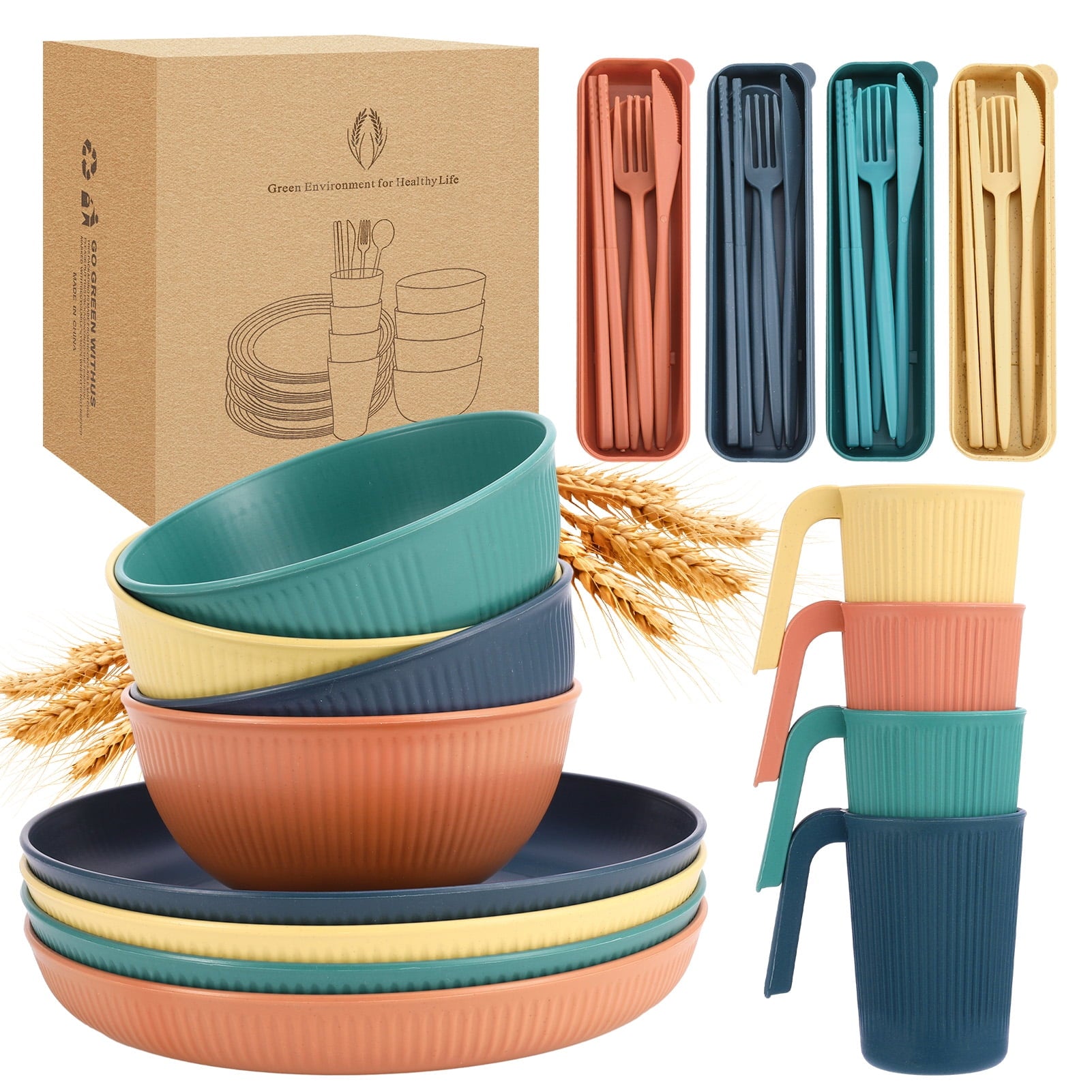 Bocaoying Wheat Straw Dinnerware Sets for 4, 36 Piece Microwave & Dishwasher Safe Unbreakable Reusable Dinnerware Sets, Lightweight Plastic Travel Camping Cutlery Kitchen Plates Cups and Bowls Set