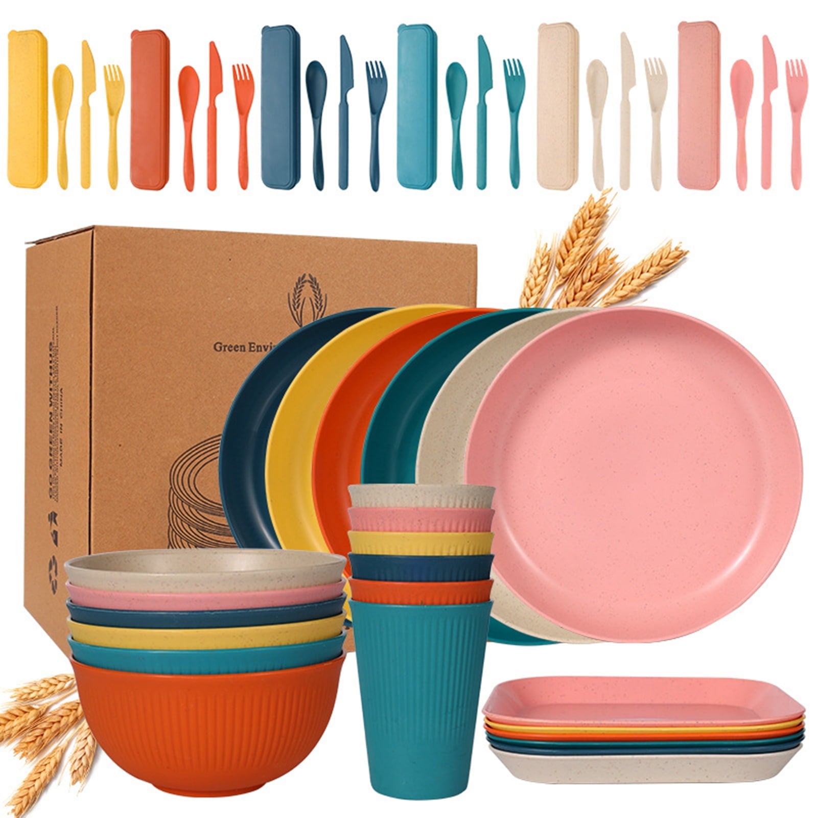 Bocaoying Wheat Straw Dinnerware Sets, 54 Pieces Unbreakable Dinnerware Sets for 6 People, Reusable Wheat Straw Plates and Bowls Sets, Lightweight Travel Picnic Home Party Camping Cutlery Set