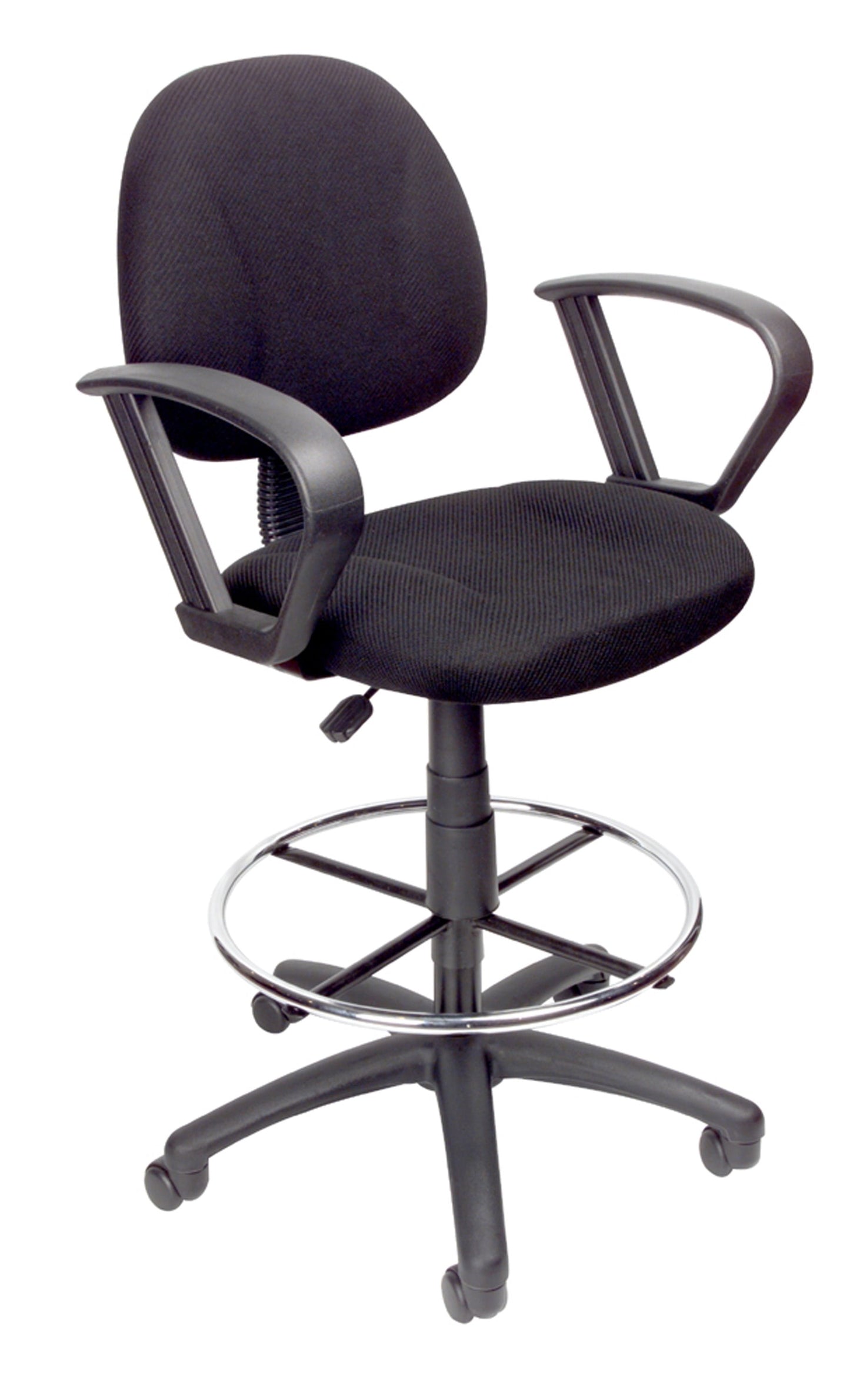 Boss Office Contoured Comfort Fabric Drafting Stool with Loop Arms in Black