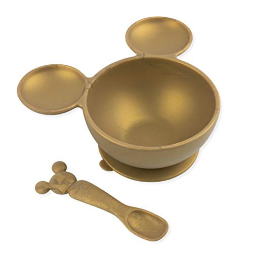 Bumkins Disney Minnie Mouse Suction Silicone Baby Feeding Set, Bowl, Lid, Spoon, BPA-Free, First Feeding, Baby Led Weaning - Gold