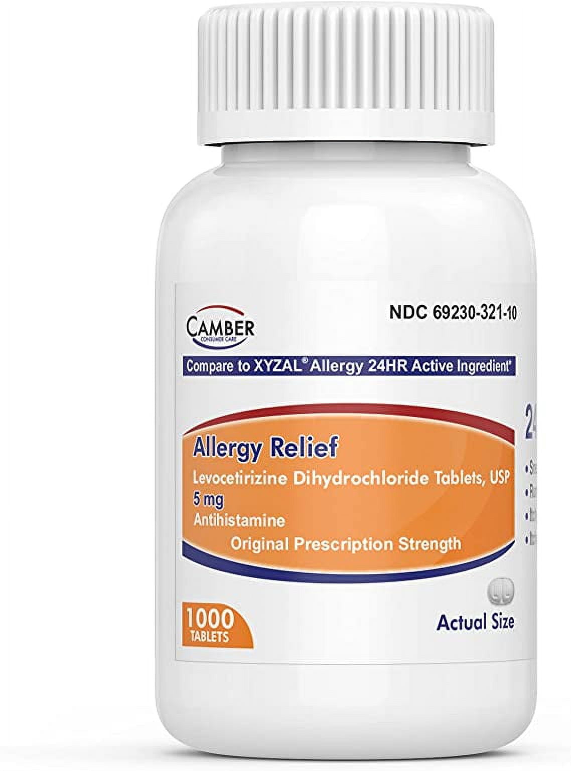 Camber Consumer Care 24hr Allergy Relief Levocetirizine Tablets, 5mg, 1000ct