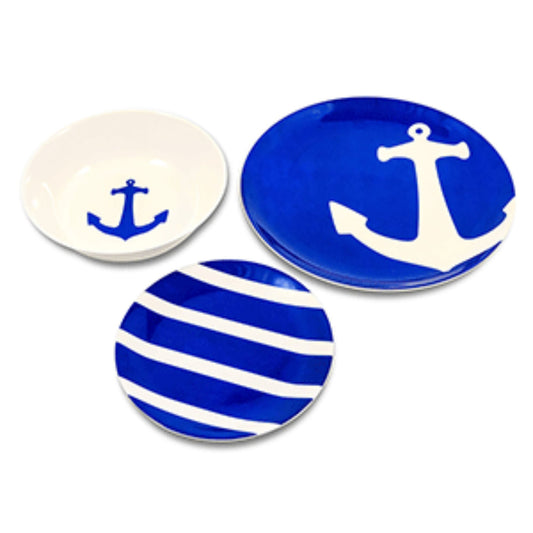 Camco Camper/RV 12-Piece Dishware Set | Features a Marine Style & Nautical Theme | Perfect for Boating, Sailing, Fishing, The Beach and More | Blue and White, Melamine (41951)