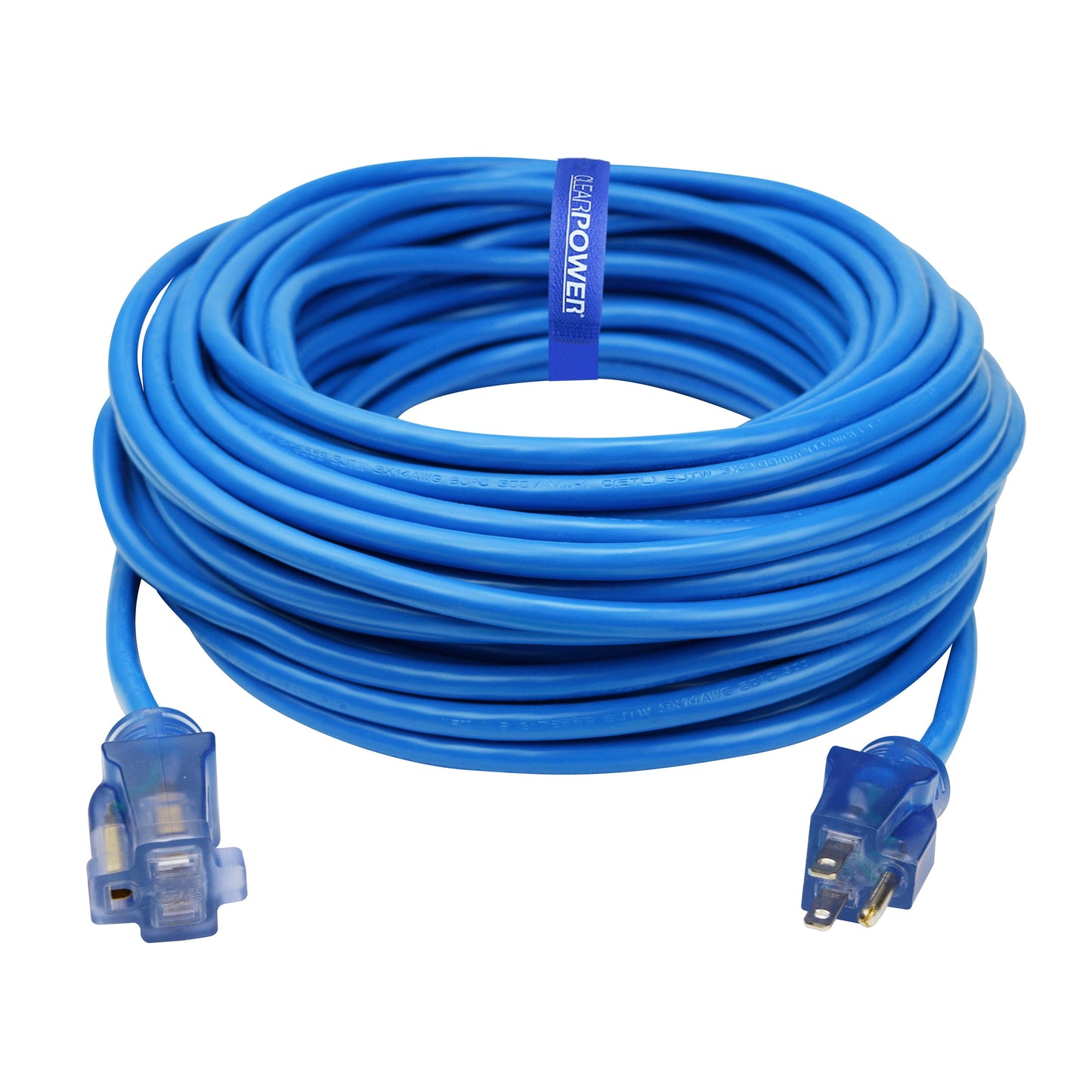 Clear Power 16/3 SJTW 100 ft Extreme Climate Outdoor Extension Cord with Power Indicator Light, Blue, CP10075