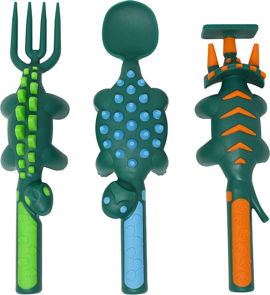 Constructive Eating Made in USA Dinosaur Set of 3 Utensils for Toddlers, Infants, Babies and Kids - Made With Materials Tested for Safety