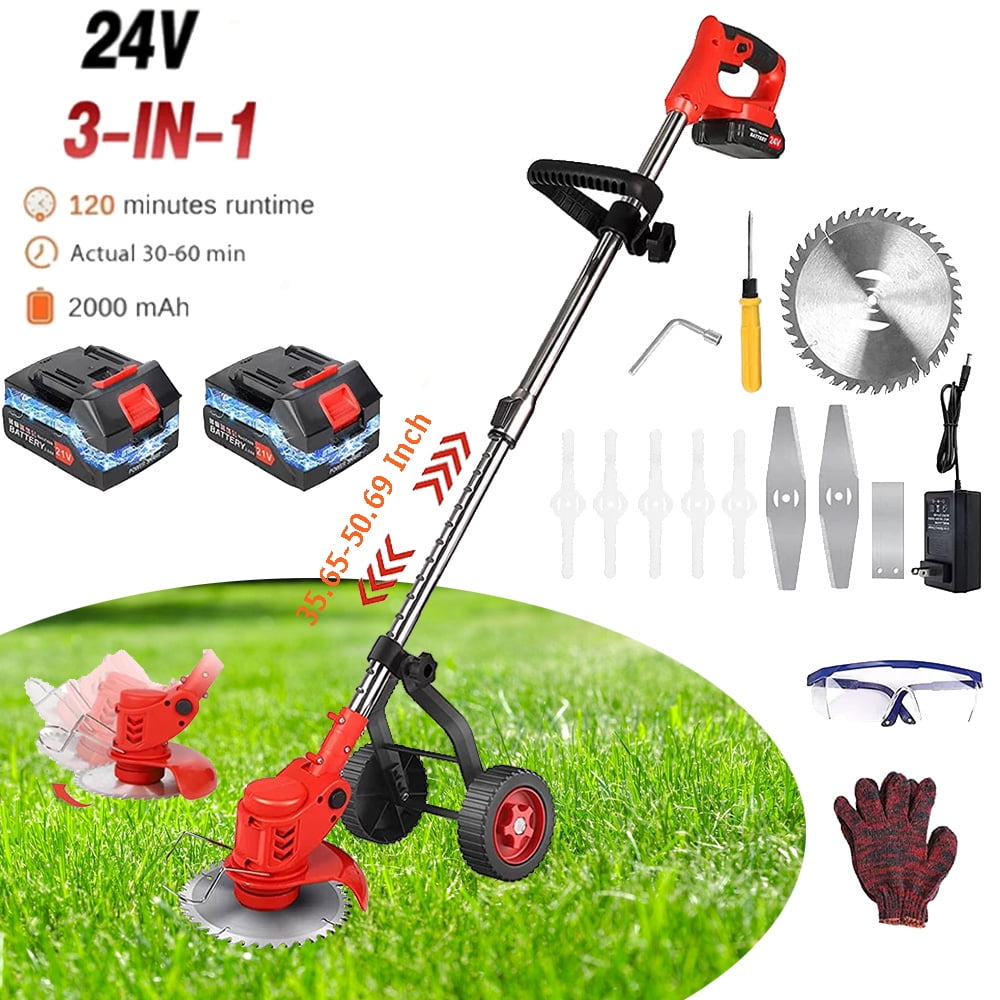 Cordless Weed Wacker 3-in-1 PRAXO Brush Cutter Grass Trimmer with Upgraded Wheels,24V Electric Weed Eater 2000mAh Battery Powered, Electric String Trimmer with Adjustable Handle and Height for Garden