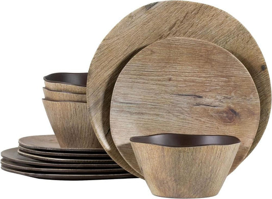 Craft & Kin 12-Piece Woodgrain Melamine Dinnerware Set