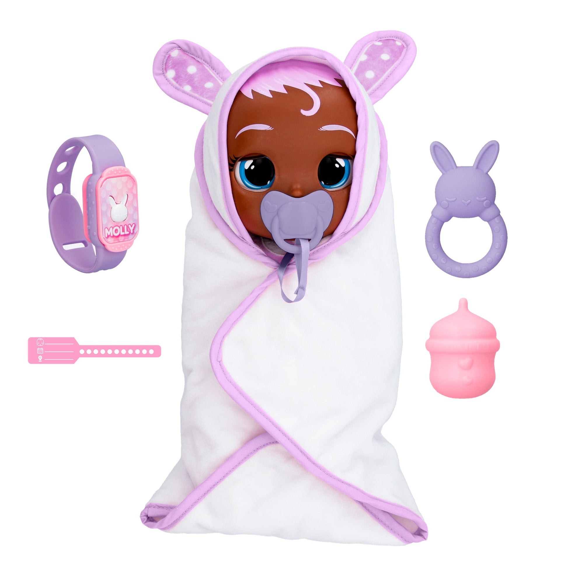 Cry Babies Newborn Molly Interactive Baby Doll with 20+ Baby Sounds and Interactive Bracelet - Kids Ages 18 months and up