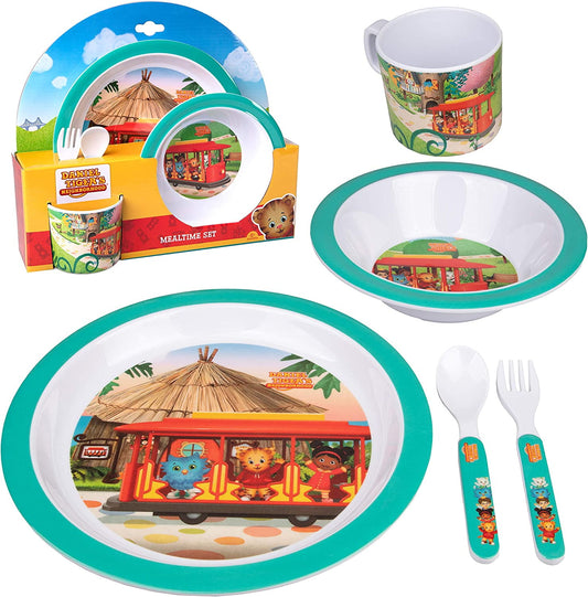 Daniel Tiger 5 Pc Mealtime Feeding Set for Kids and Toddlers - Includes Plate, Bowl, Cup, Fork and Spoon Utensil Flatware - Durable, Dishwasher Safe, BPA Free (Green)